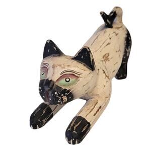 Siamese Cat Wooden Figurine Statue Green Eyes Stretching Animal Table Decoration